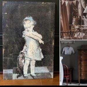Vintage Edgard Farasyn Reproduction Canvas – Girl with Cat, Nursery 15 3/4”x 24”